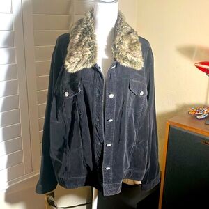 🐑Venezia Black Corduroy Jacket W/Faux Fur Collar & Rhinestone Buttons Sz 26/28